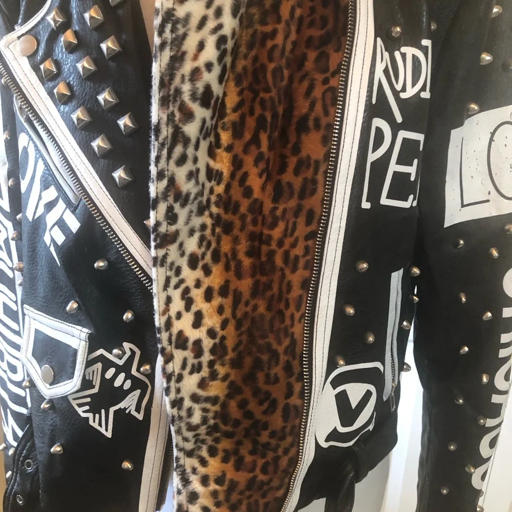 Studded Black Vegan Leather Jacket with White Graphic Patches